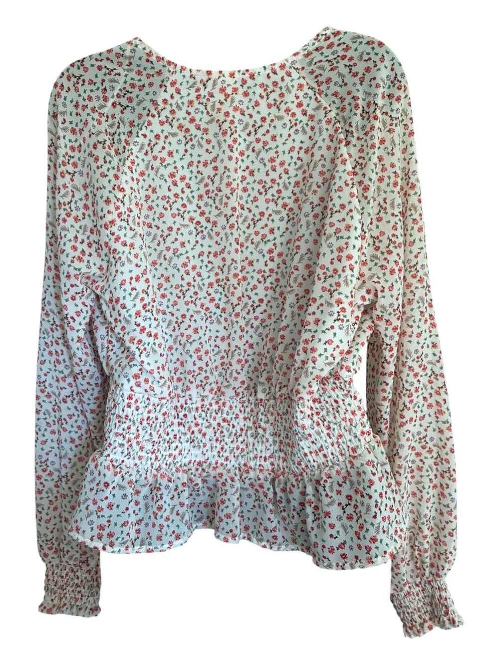 Fairy Whimsygoth Coquette White Coral Ditsy Floral Surplice Peplum Blouse Sz L - Picture 3 of 8